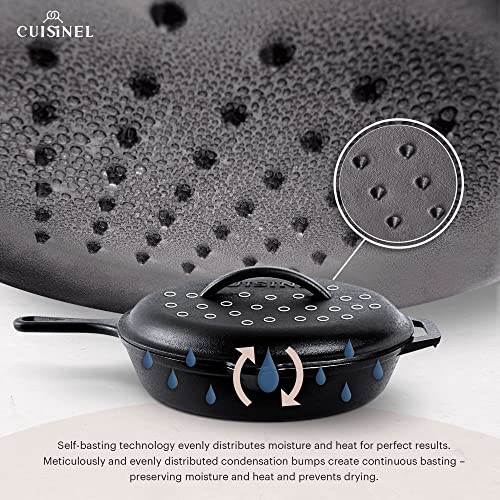 Cuisinel Cast Iron Skillet with Lid - 12"-inch Pre-Seasoned Covered Frying Pan Set + Silicone Handle & Lid Holders + Scraper/Cleaner - Indoor/Outdoor, Oven, Stovetop, Camping Fire, Grill Safe Cookware