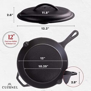 Cuisinel Cast Iron Skillet with Lid - 12"-inch Pre-Seasoned Covered Frying Pan Set + Silicone Handle & Lid Holders + Scraper/Cleaner - Indoor/Outdoor, Oven, Stovetop, Camping Fire, Grill Safe Cookware