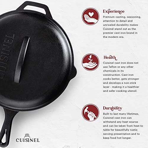 Cuisinel Cast Iron Skillet with Lid - 12"-inch Pre-Seasoned Covered Frying Pan Set + Silicone Handle & Lid Holders + Scraper/Cleaner - Indoor/Outdoor, Oven, Stovetop, Camping Fire, Grill Safe Cookware