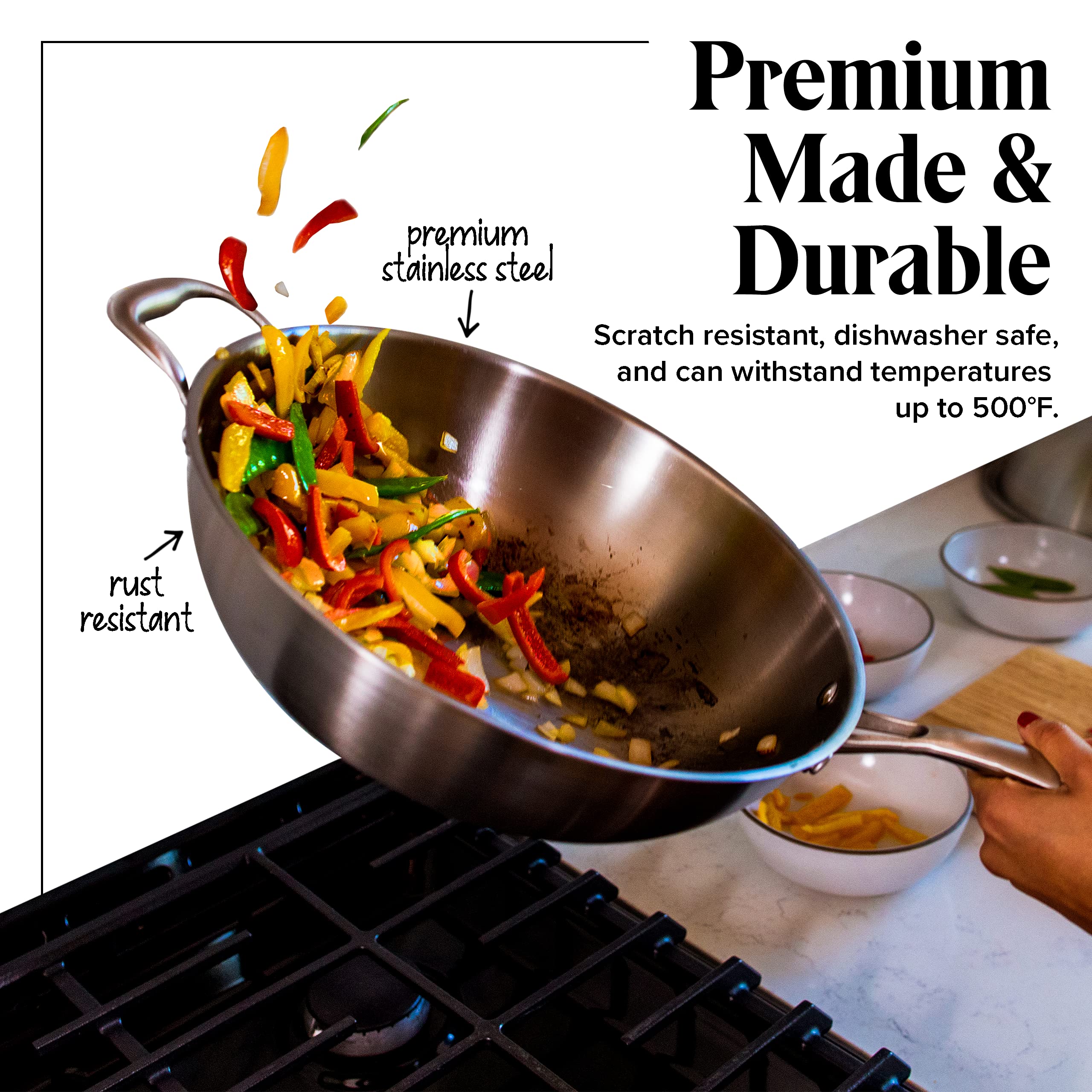 Willow & Everett Wok Pan - Non-Stick Stainless Steel Stir Fry Pans With Domed Lid & Spatula - Scratch Proof Cookware For Gas, Induction Or Electric Stove