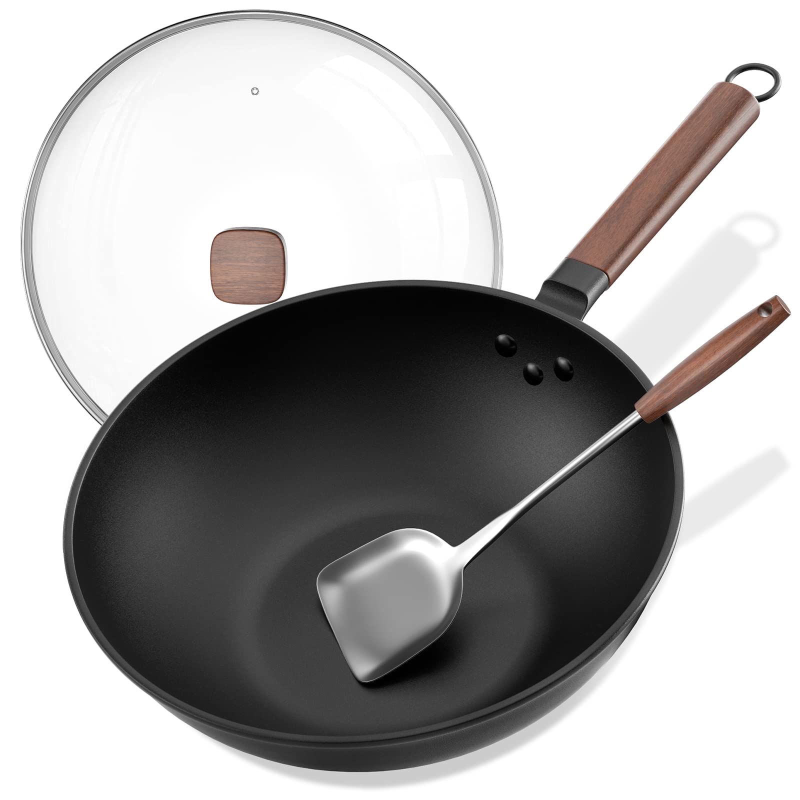 Eleulife Carbon Steel Wok, 13 Inch Wok Pan with Lid and Spatula, Nonstick Woks and Stir-fry Pans, No Chemical Coated Flat Bottom Chinese Wok for Induction, Electric, Gas, All Stoves