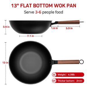 Eleulife Carbon Steel Wok, 13 Inch Wok Pan with Lid and Spatula, Nonstick Woks and Stir-fry Pans, No Chemical Coated Flat Bottom Chinese Wok for Induction, Electric, Gas, All Stoves