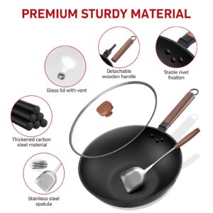 Eleulife Carbon Steel Wok, 13 Inch Wok Pan with Lid and Spatula, Nonstick Woks and Stir-fry Pans, No Chemical Coated Flat Bottom Chinese Wok for Induction, Electric, Gas, All Stoves
