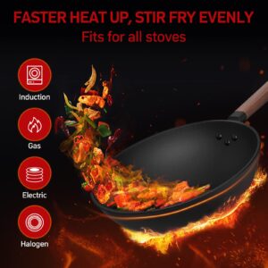 Eleulife Carbon Steel Wok, 13 Inch Wok Pan with Lid and Spatula, Nonstick Woks and Stir-fry Pans, No Chemical Coated Flat Bottom Chinese Wok for Induction, Electric, Gas, All Stoves