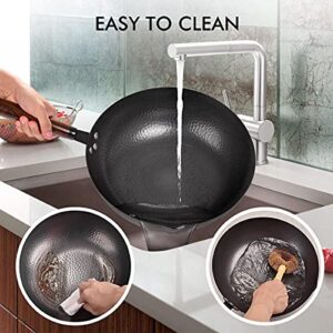 Excegucok Carbon Steel , 13 Pcs Wok Pan with Wooden Lid & Handle Stir-Fry Pans 13in Chinese Wok Flat Bottom Wok with Cookware Accessories Suitabe for all Stoves (Black)…