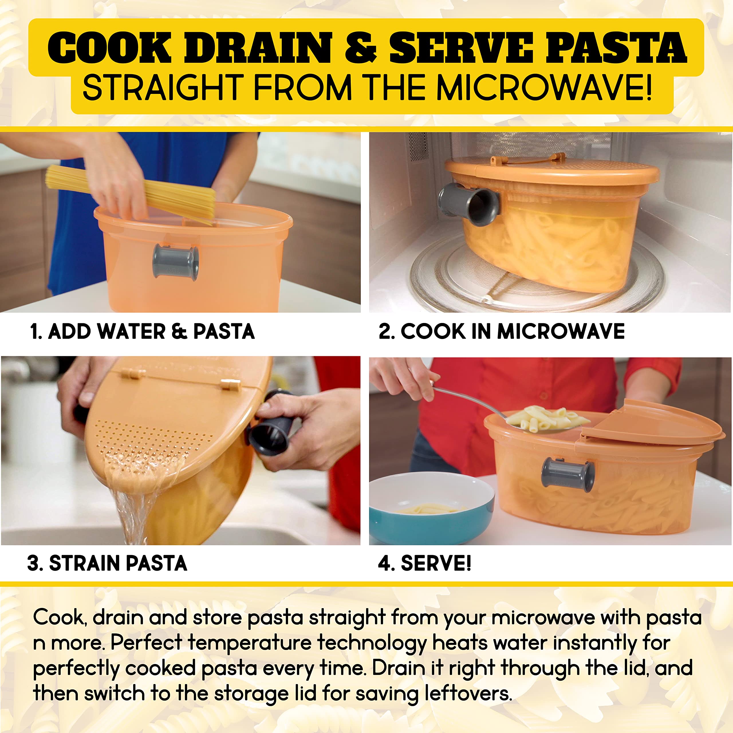Pasta N More Microwave Cooker with Strainer, All in 1 Microwave Pasta Cooker, Microwave Rice Cooker and Microwave Egg Cooker for Quick Cooking, Nonstick, Dishwasher Safe