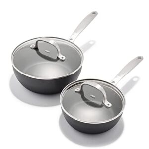 oxo good grips pro 1qt and 2qt saucepan pot set with lids, 3-layered german engineered nonstick coating, stainless steel handles, black