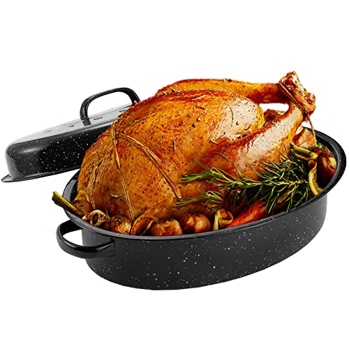 JY COOKMENT 15.7" Enameled Oval Roaster with Domed Lid - For Turkey, Chicken, Ham, Dishwasher Safe