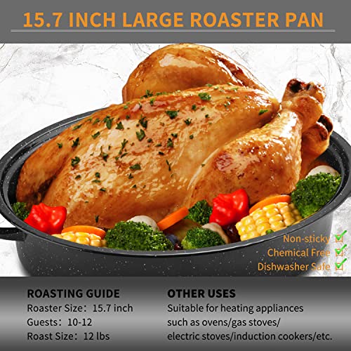 JY COOKMENT 15.7" Enameled Oval Roaster with Domed Lid - For Turkey, Chicken, Ham, Dishwasher Safe