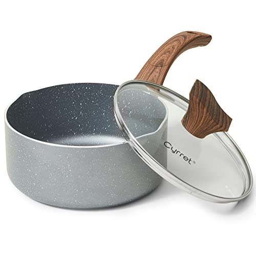 Cyrret 2 Quart Saucepan with Lid, Nonstick Sauce Pan Granite Coating Small Pots for Cooking, Oven Safe Sauce Pot Compatible for All Stoves, Milk Pot with Ergonomic Handle