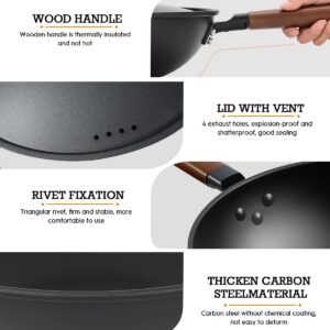 XIHEIMA 13 Inch Carbon Steel Wok Pan with Lid and Spatula,Wooden Cookwares Nonstick Woks ＆ Stir-Fry Pans,No Chemical Coated Flat Bottom Chinese Wok for Induction, Electric, Gas, Halogen, All Stoves