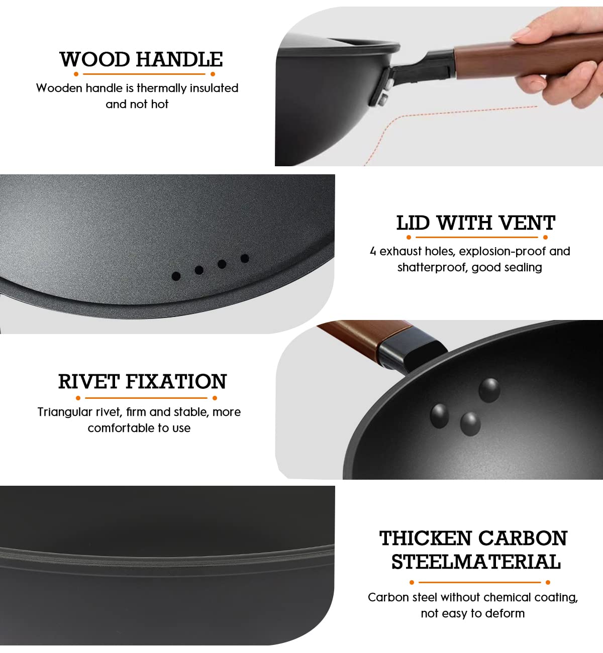 XIHEIMA 13 Inch Carbon Steel Wok Pan with Lid and Spatula,Wooden Cookwares Nonstick Woks ＆ Stir-Fry Pans,No Chemical Coated Flat Bottom Chinese Wok for Induction, Electric, Gas, Halogen, All Stoves