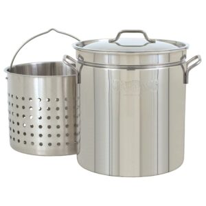 bayou classic 1160 62-qt stainless stockpot w/stainless perforated basket features heavy welded loop handles domed vented lid perfect for steaming boiling canning and preserving