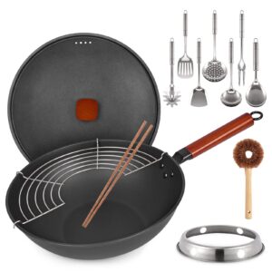 SodoMai Carbon Steel Wok, 13 Inch Wok Pan with Lid Woks & Stir-Fry Pans with Spatula, Cookware Accessories, No Chemical Coated Flat Bottom Chinese Wok for Induction, Electric, Gas Stove, All Stoves