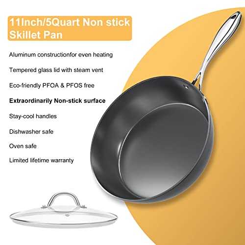 COOKER KING Nonstick Fry Pan With Lid, 11inch Deep Frying Pans Nonstick, Non-Toxic PFOA & PFOS Free, Stay-Cool Handle | Induction Compatible