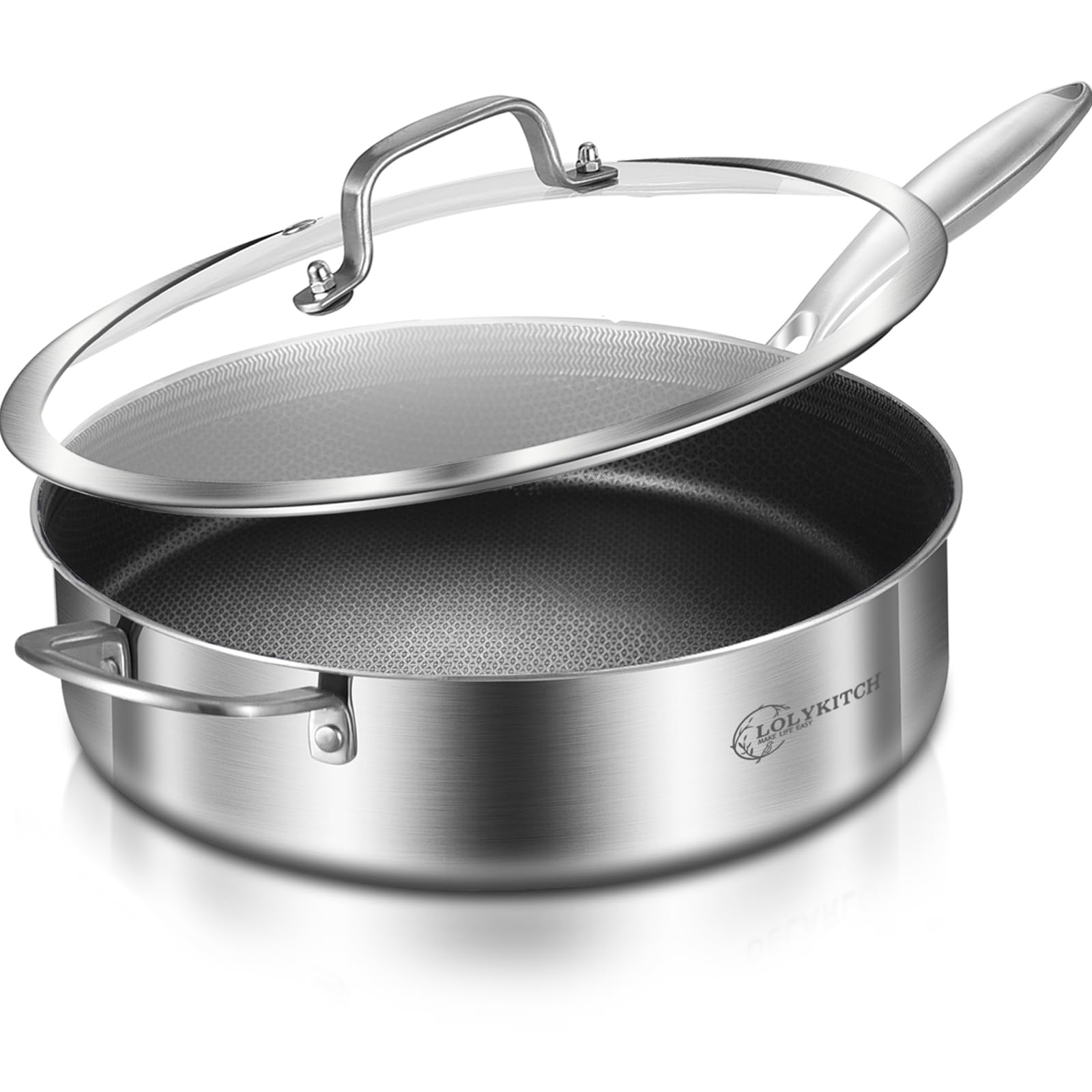 LOLYKITCH 6 QT Tri-Ply Stainless Steel Non-stick Sauté Pan with Lid,12 Inch Deep Frying pan,Large Skillet,Jumbo Cooker,Induction Pan,Dishwasher and Oven Safe.(Removable Handle)