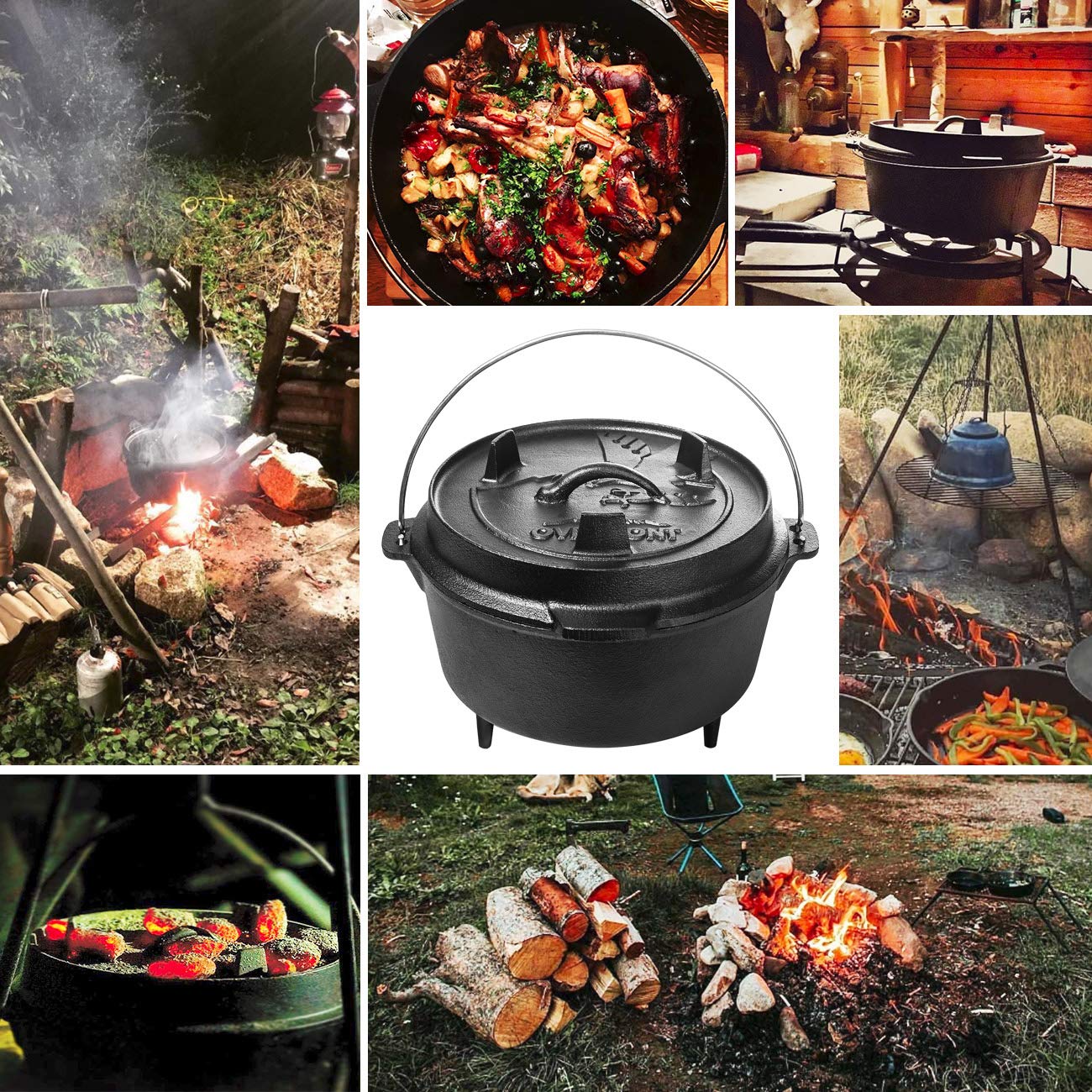 Overmont Camp Dutch Oven Pre Seasoned Cast Iron Lid Also a Skillet Casserole Pot with Lid Lifter for Camping Cooking BBQ Baking 6QT(Pot+Lid)