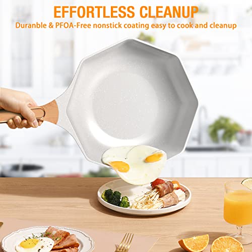 ITSMILLERS Ceramic Nonstick Octagonal Wok 12.5 inch Die-cast Induction Woks and Stir Fry Pans with Glass Lid PFOA Free (Cream White)