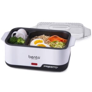 presto 04634 bento electric cooker - compact dual compartment cooker for ramen, eggs, veggies and more, perfect for dorm rooms, includes spoon/fork