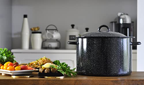 Mirro Traditional Vintage Style Black Speckled Enamel on Steel Stock Pot with Lid, 33 Quart, (MIR-10708)