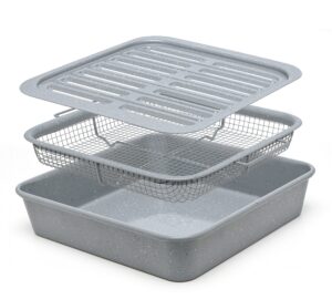 eazy mealz air fry crisping basket & tray set, air fry crisper basket, tray & baking pan, roasting sheet, utensil safe, non-stick, healthy cooking