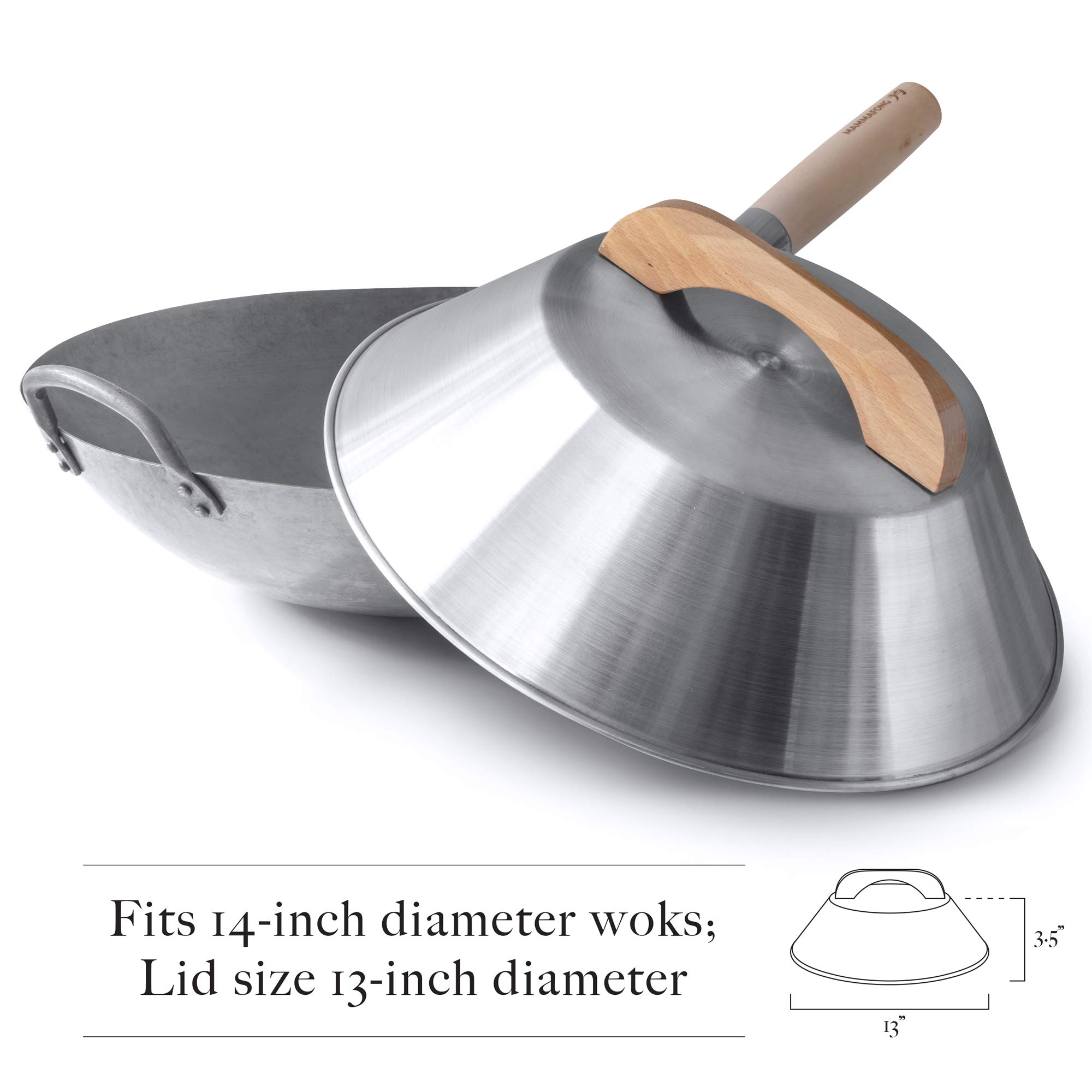 Mammafong Aluminum Wok Cover for 14" Hand Hammered Wok, 13 inch Flat Wok Lid