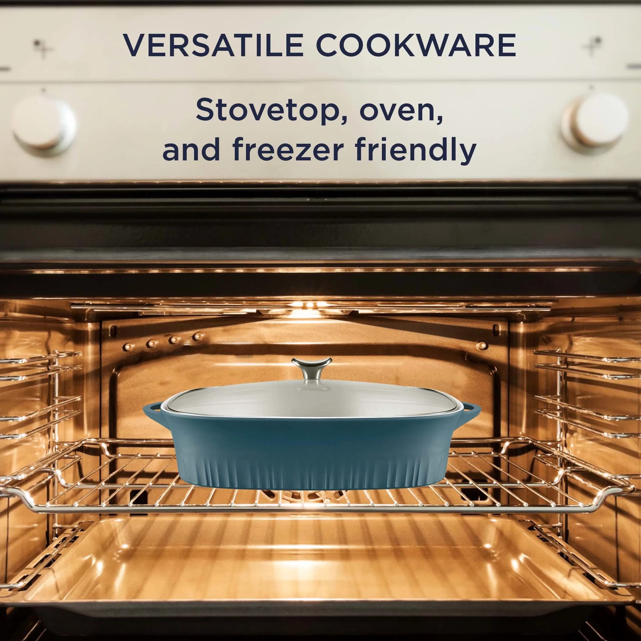CorningWare, Non-Stick 5.7 Quart QuickHeat Roaster with Lid, Lightweight Roaster, Ceramic Non-Stick Interior Coating for Even Heat Cooking, French Navy