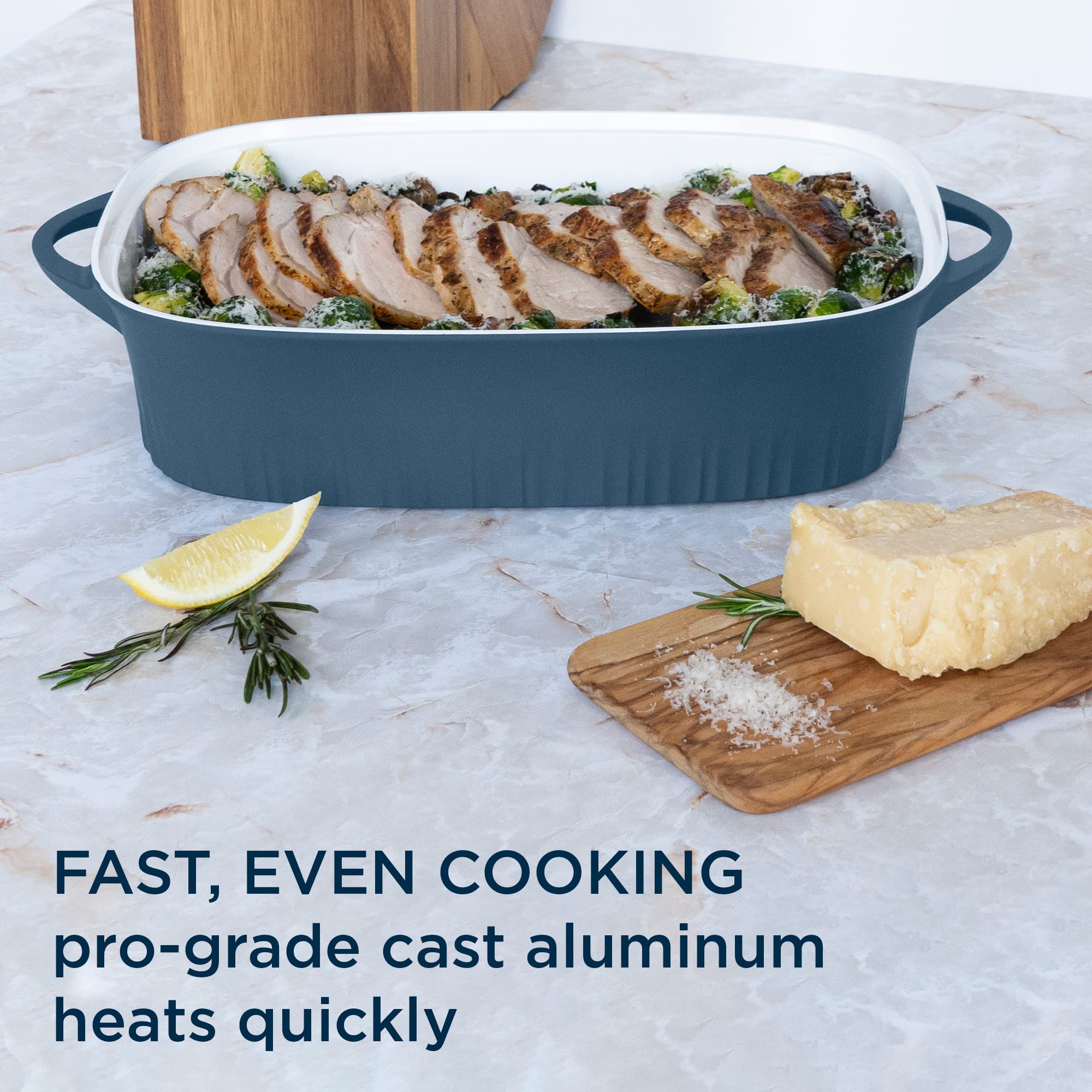 CorningWare, Non-Stick 5.7 Quart QuickHeat Roaster with Lid, Lightweight Roaster, Ceramic Non-Stick Interior Coating for Even Heat Cooking, French Navy