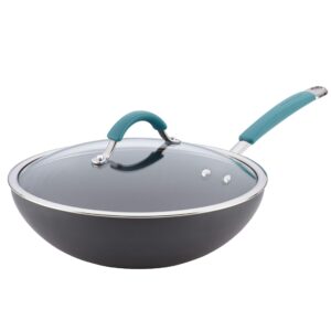 rachael ray cucina hard anodized nonstick wok pan with lid, 11-inch covered stir fry, gray with blue handles