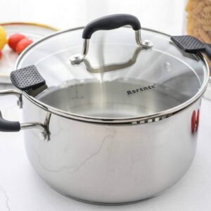 Rorence Stainless Steel Stock Pot with Lid: 6 Quart Stockpot Pasta Pot with Two Side Spouts, capsule Bottom, Strainer Glass Lid