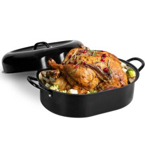 granite stone oval roaster pan, large 19.5” ultra nonstick roasting pan with lid, grooved bottom for basting, broiler pan for oven, dishwasher safe, up to 25lb turkey/roast, serves 12 – 25