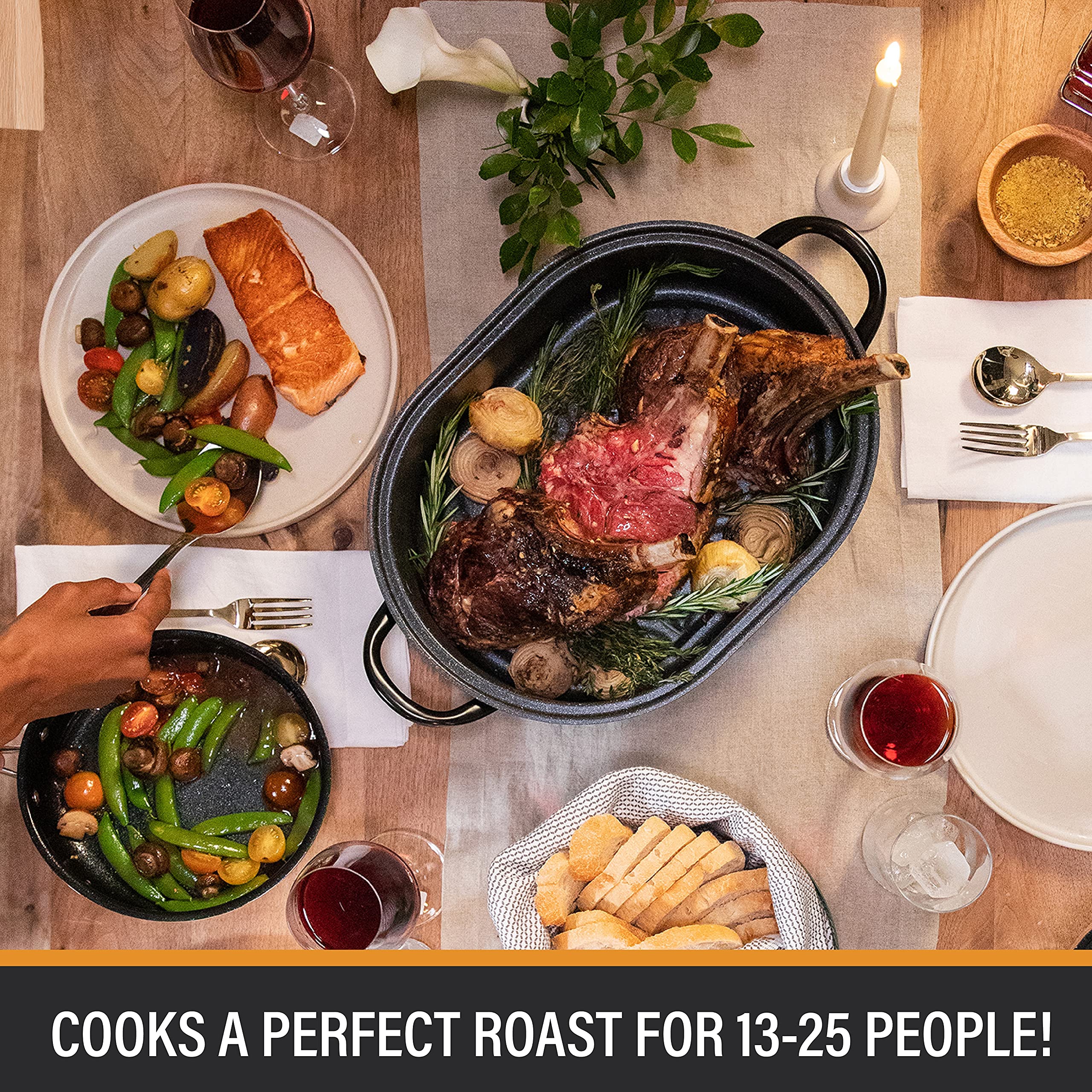 Granite Stone Oval Roaster Pan, Large 19.5” Ultra Nonstick Roasting Pan with Lid, Grooved Bottom for Basting, Broiler Pan for Oven, Dishwasher Safe, Up to 25lb Turkey/Roast, Serves 12 – 25