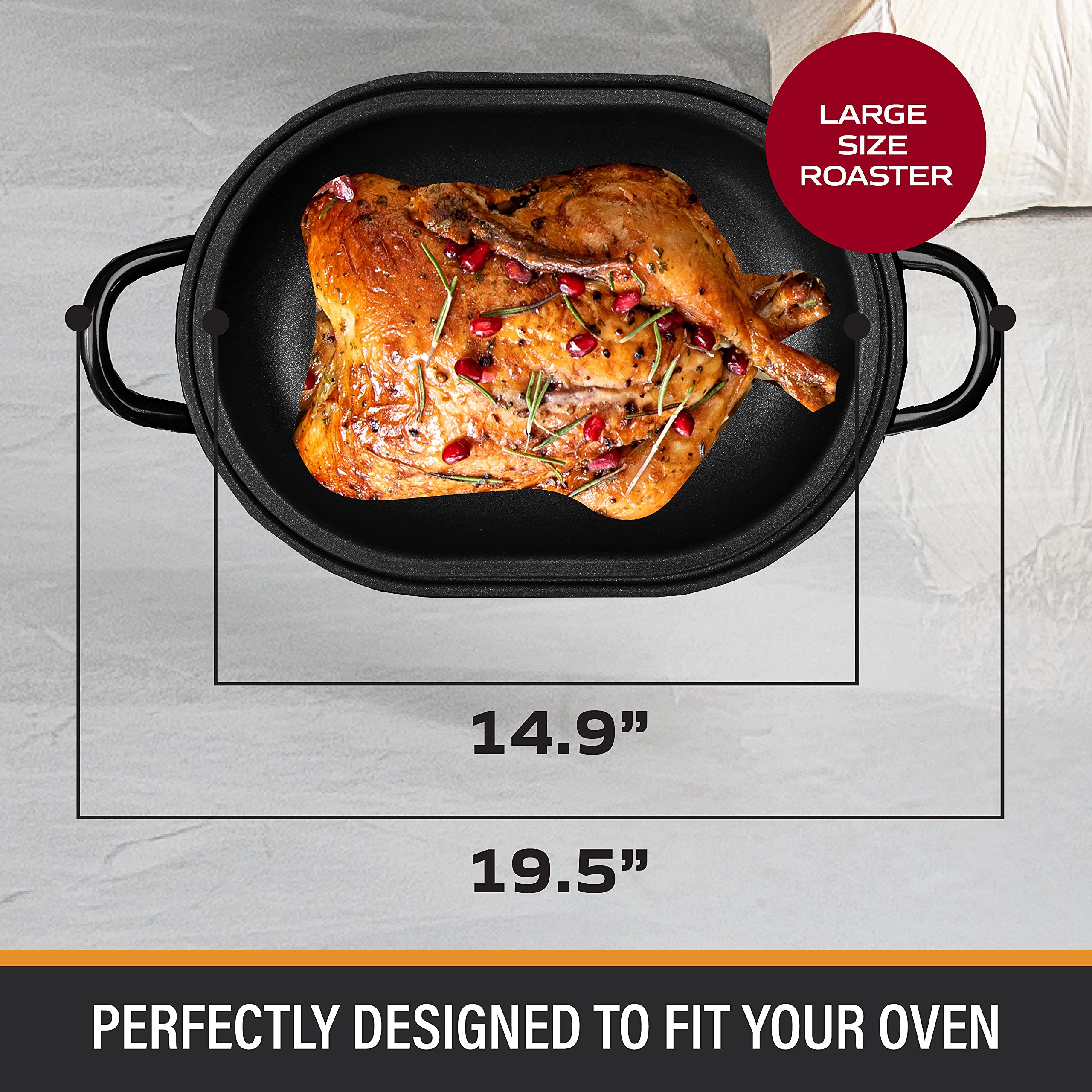 Granite Stone Oval Roaster Pan, Large 19.5” Ultra Nonstick Roasting Pan with Lid, Grooved Bottom for Basting, Broiler Pan for Oven, Dishwasher Safe, Up to 25lb Turkey/Roast, Serves 12 – 25