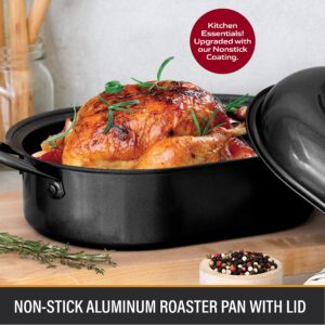 Granite Stone Oval Roaster Pan, Large 19.5” Ultra Nonstick Roasting Pan with Lid, Grooved Bottom for Basting, Broiler Pan for Oven, Dishwasher Safe, Up to 25lb Turkey/Roast, Serves 12 – 25