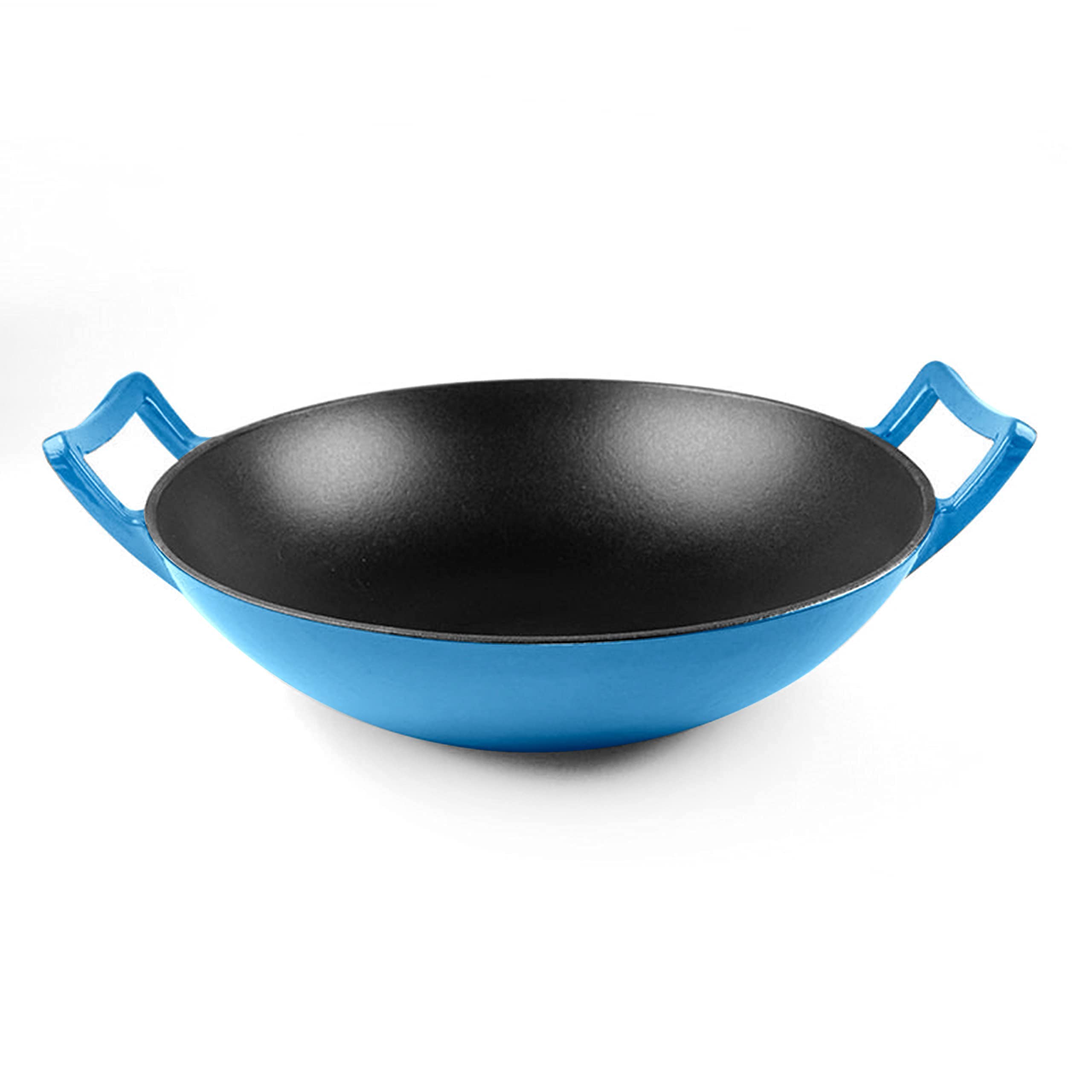 Bruntmor 14 Inch Blue Enameled Cast Iron Wok/Pot - Nonstick Skillet Pan with Large Loop Handles for Versatile Cooking - Oven Safe & Electric Stovetop Compatible - Indoor and Outdoor Culinary Essential