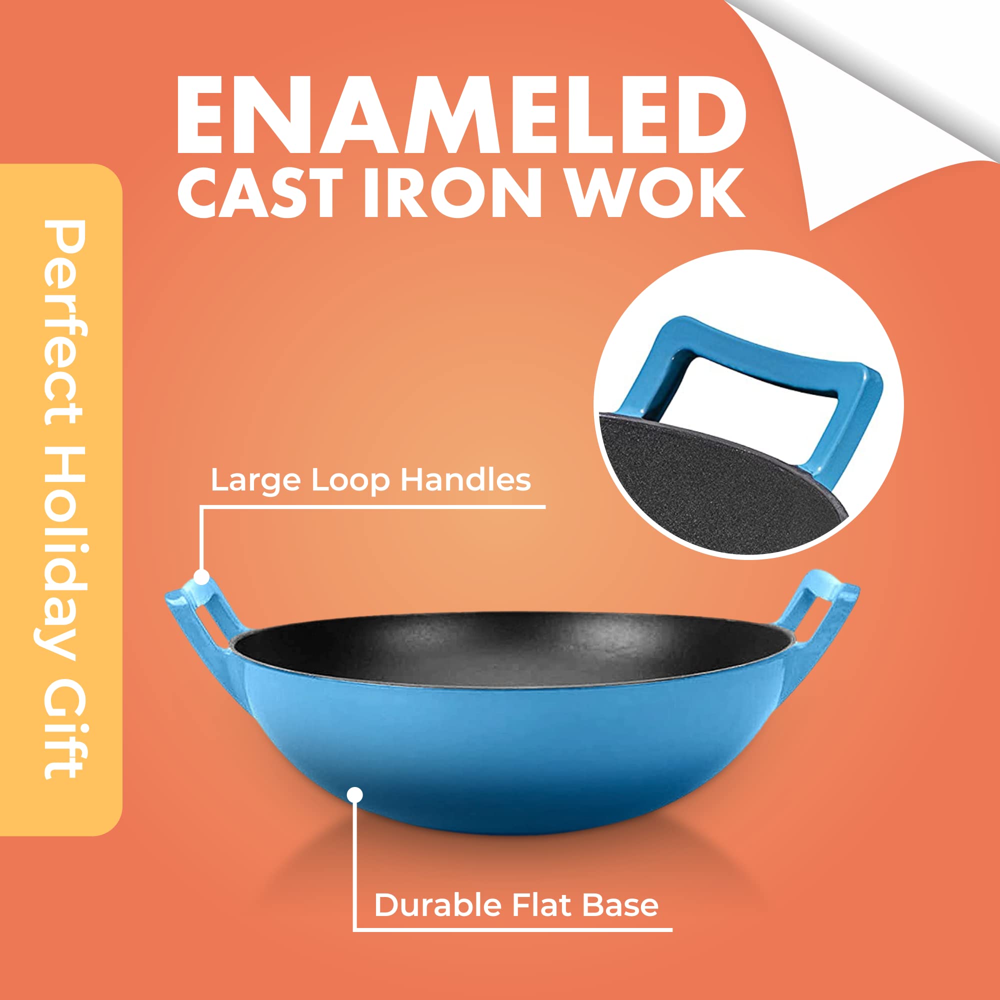 Bruntmor 14 Inch Blue Enameled Cast Iron Wok/Pot - Nonstick Skillet Pan with Large Loop Handles for Versatile Cooking - Oven Safe & Electric Stovetop Compatible - Indoor and Outdoor Culinary Essential
