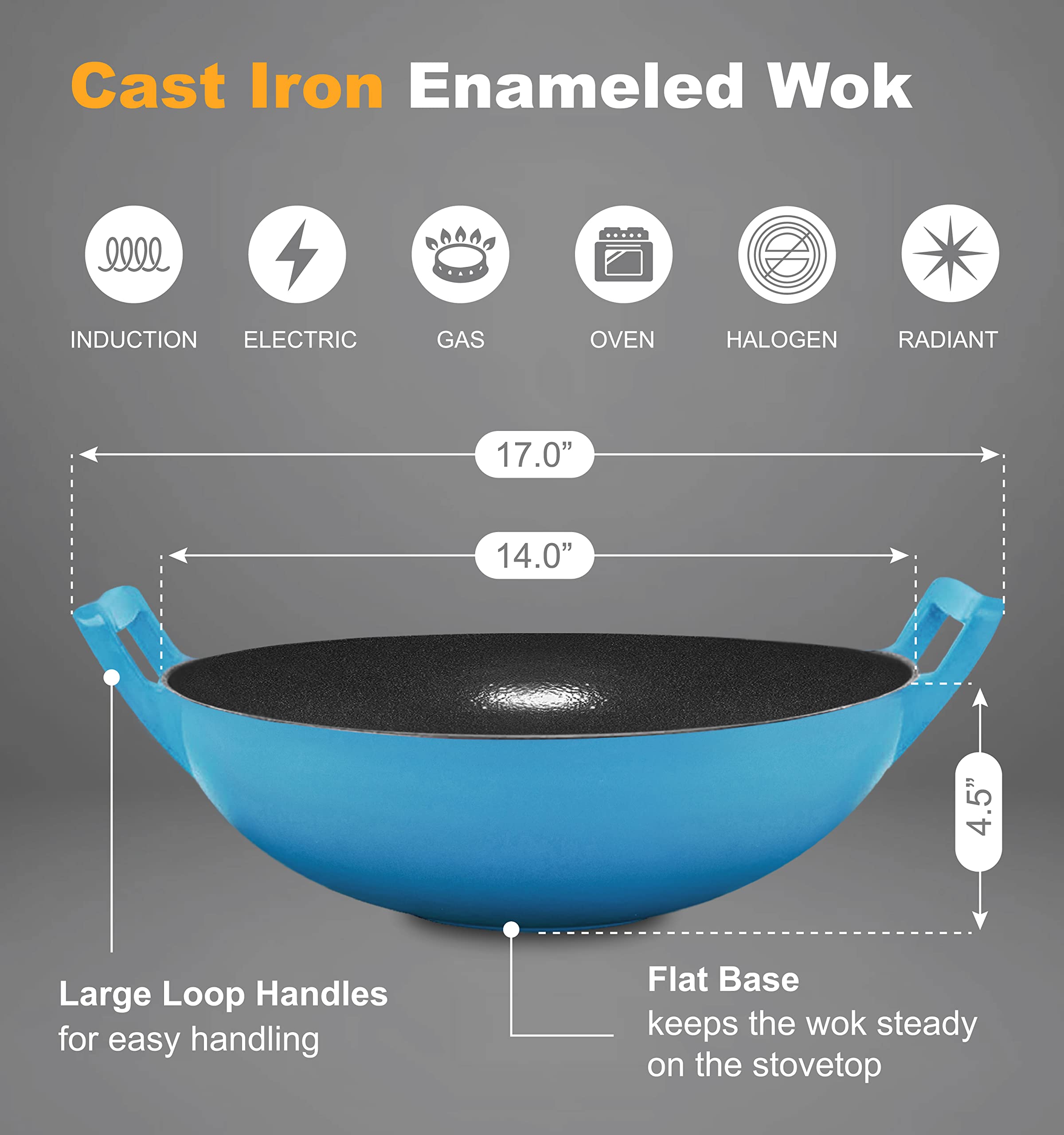 Bruntmor 14 Inch Blue Enameled Cast Iron Wok/Pot - Nonstick Skillet Pan with Large Loop Handles for Versatile Cooking - Oven Safe & Electric Stovetop Compatible - Indoor and Outdoor Culinary Essential