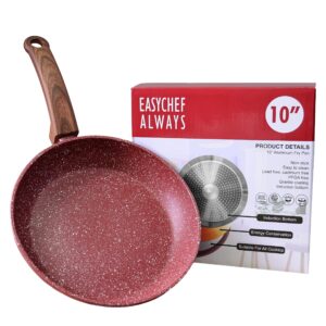 easy chef always, nonstick frying pan skillet, 10inch, non stick granite red coating, egg pan fry pan omelet pan healthy stone cookware chef’s pan, pfoa free, induction compatible