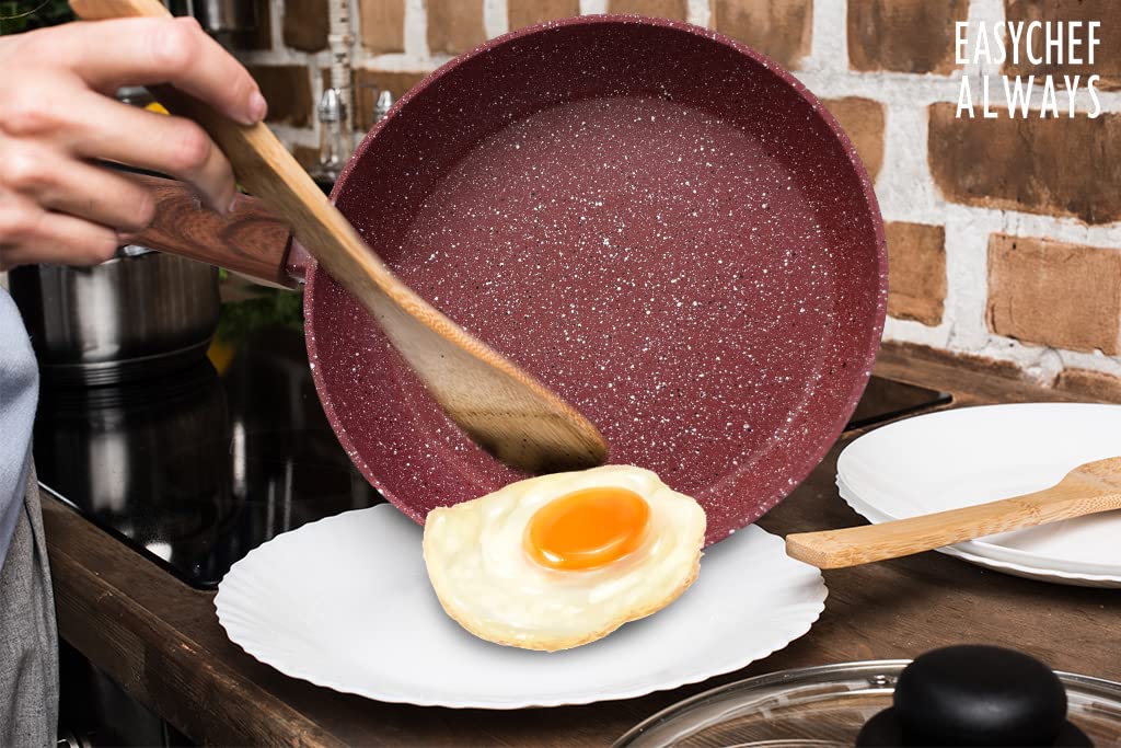 Easy chef always, Nonstick Frying Pan Skillet, 10inch, Non Stick Granite Red Coating, Egg Pan Fry Pan Omelet Pan Healthy Stone Cookware Chef’s Pan, PFOA Free, Induction Compatible