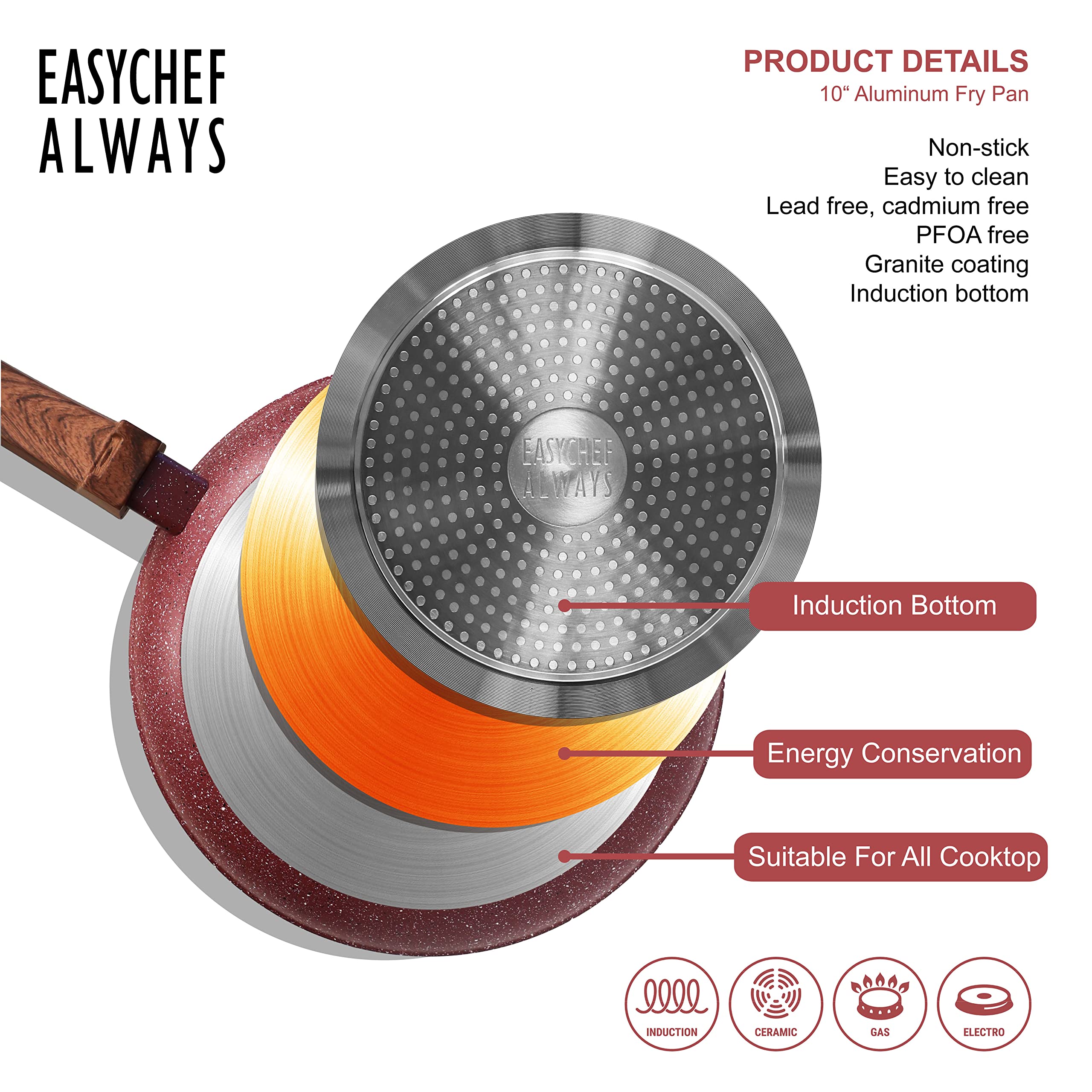 Easy chef always, Nonstick Frying Pan Skillet, 10inch, Non Stick Granite Red Coating, Egg Pan Fry Pan Omelet Pan Healthy Stone Cookware Chef’s Pan, PFOA Free, Induction Compatible