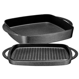 bruntmor 2-in-1 pre-seasoned square cast iron dutch oven with dual handles, non stick pan with grill, casserole dish with lid for braising dishes, crock pot covered with cast iron, oven safe skillet