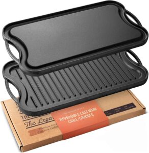 legend cast iron griddle for gas stovetop with easy grip handles | 2-in-1 reversible 20” | use on open fire & in oven | lightly pre-seasoned gets better with each use