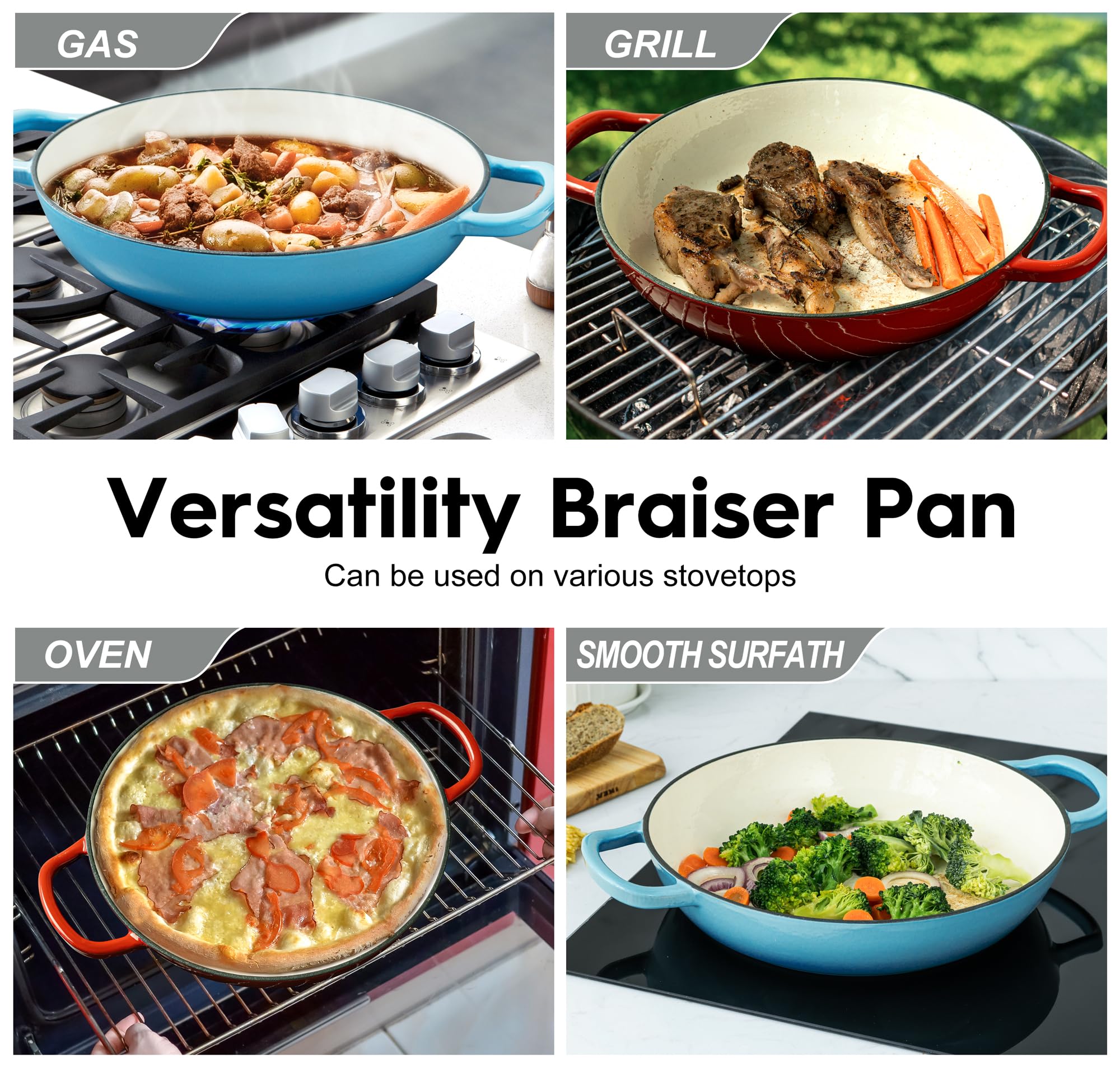 MICHELANGELO Braiser Enameled Cast Iron, 3.5 Quart Braiser Pan with Lid, Nonstick Braiser with Silicone Pads for Heat Insulation, Oven Safe Cast Iron Pan-Cherry Red