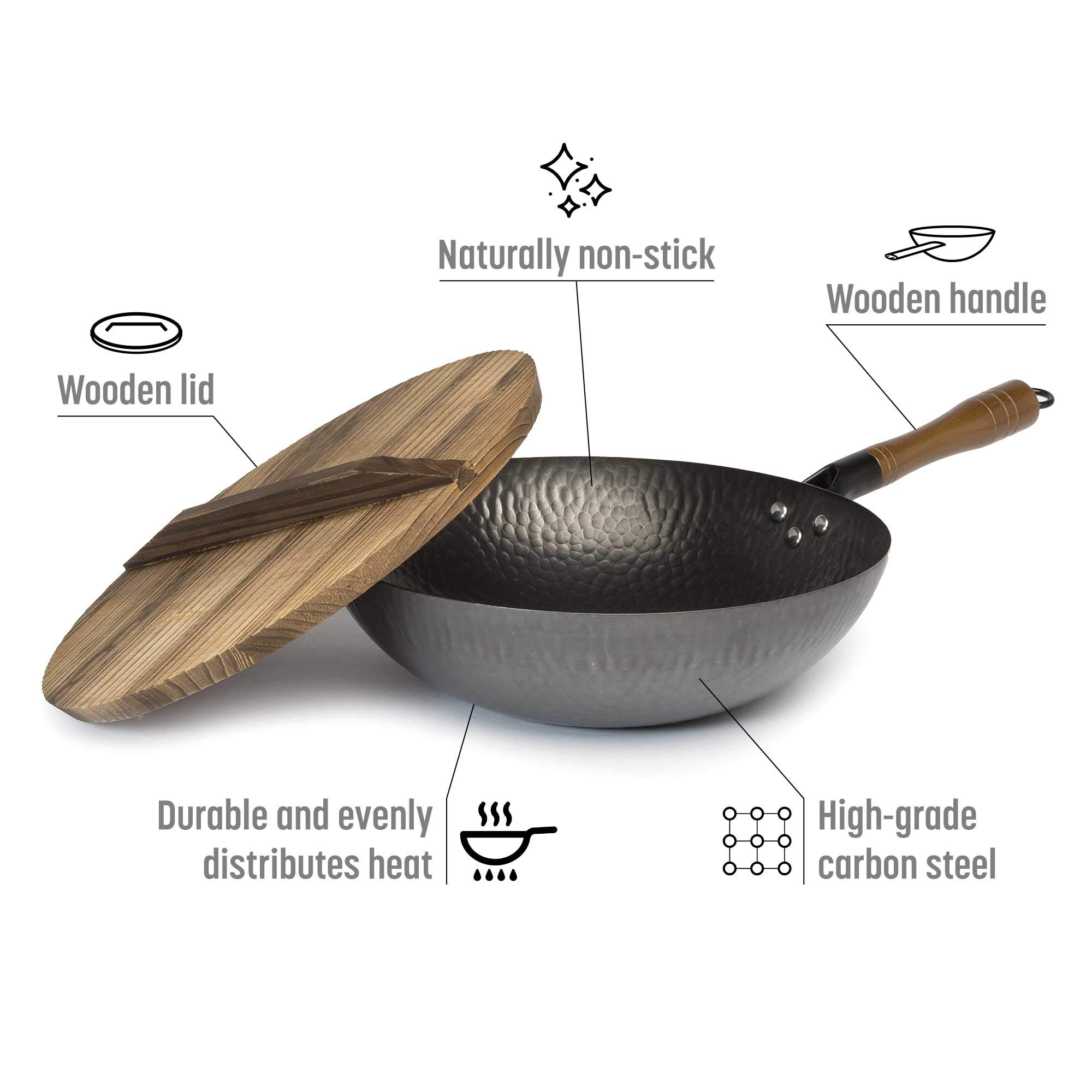 Goodful Hammered Carbon Steel 13-Inch Wok Pan with Lid, Black, Non-Stick, Compatible with Most Cooktops