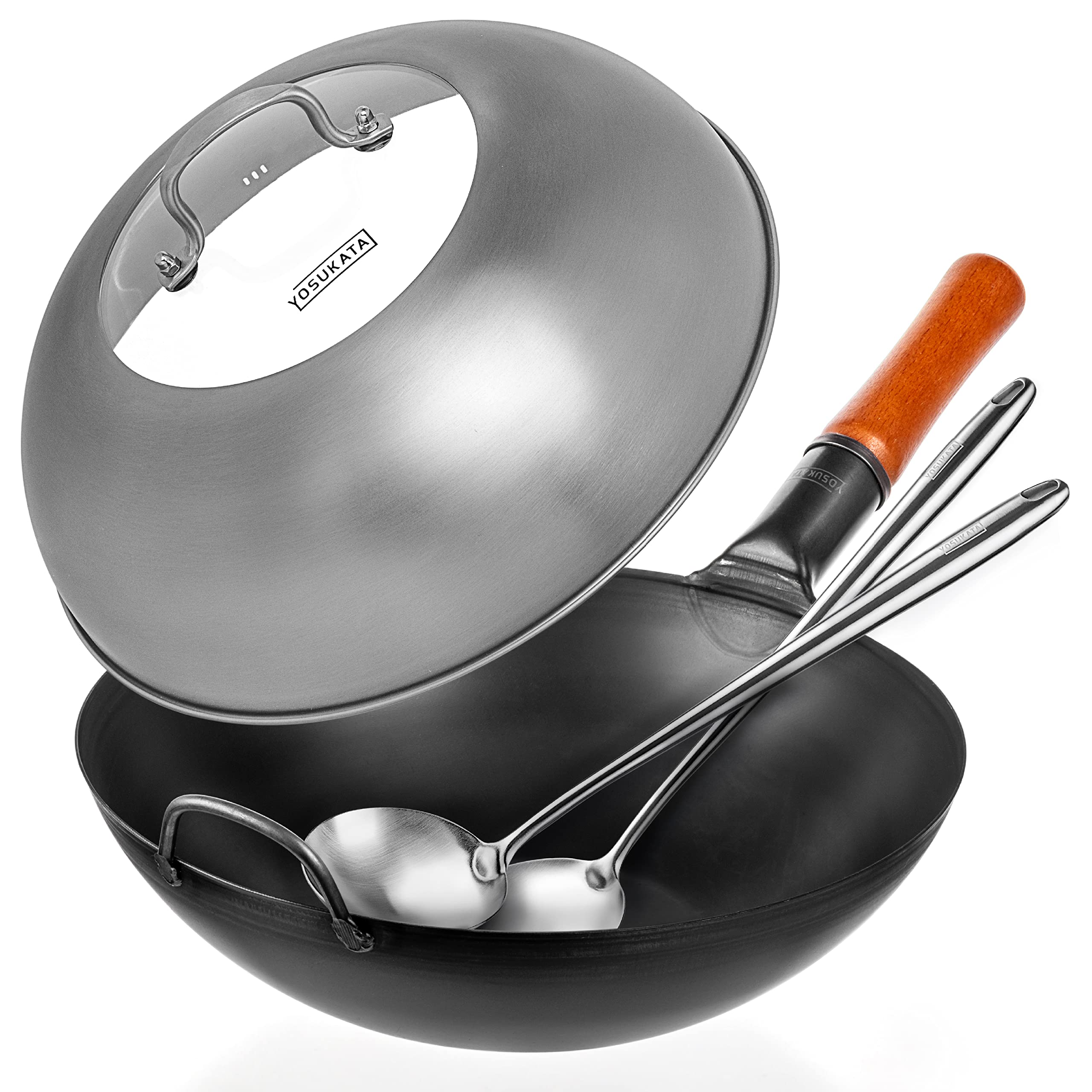 YOSUKATA Carbon Steel Wok Pan – 13,5 “ With Lid - Woks and Stir Fry Pans with Stainless Steel Set (Spatula + Ladle)- Chinese Wok with Flat Bottom Wok