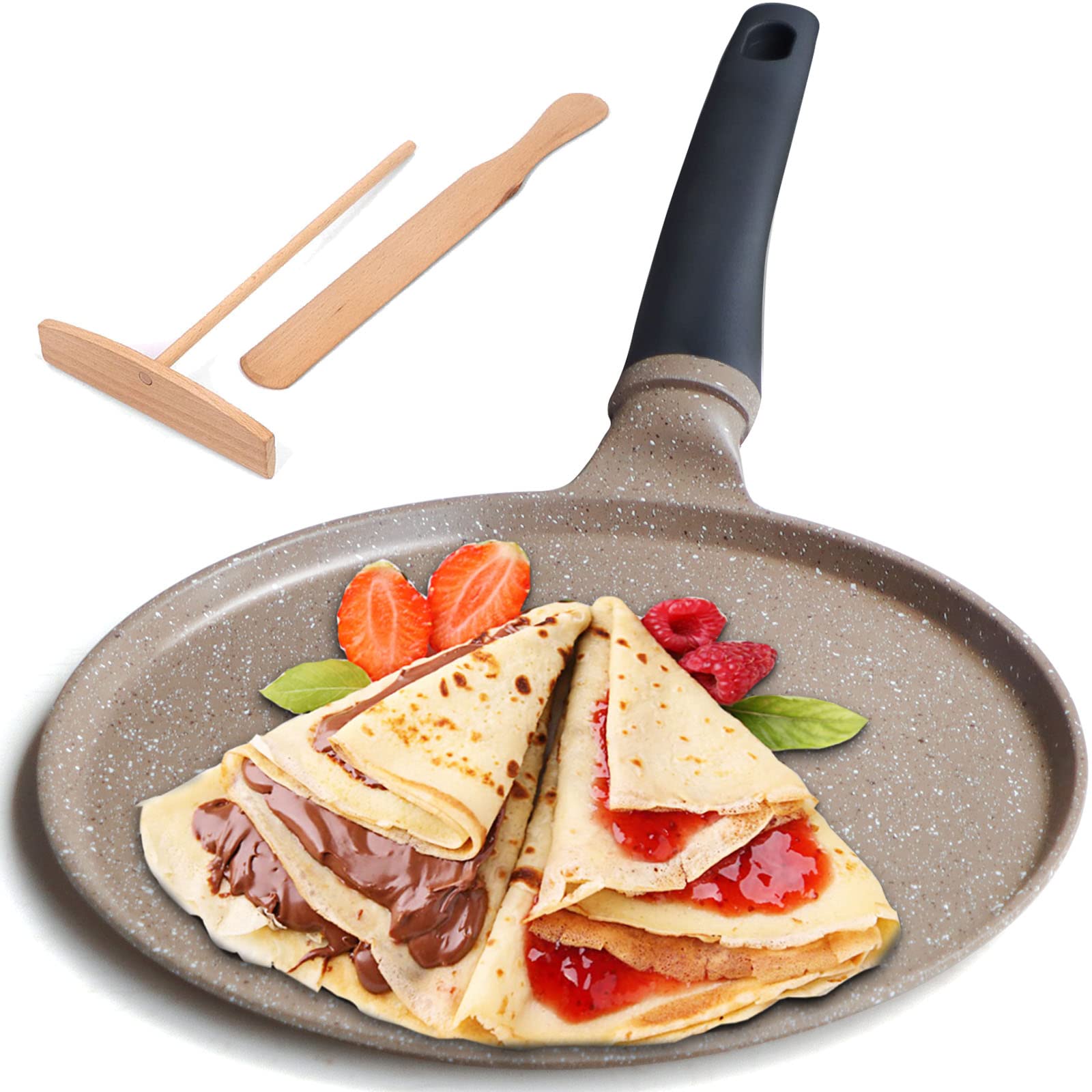 DIIG Non Stick Crepe Pan 11 Inch with Spreader Spatula, No Stick Pancake Pan for Cooking, Brown Griddle for Frying Egg, Steak, Crepe Cake, Omelette Pan with Induction Bottom