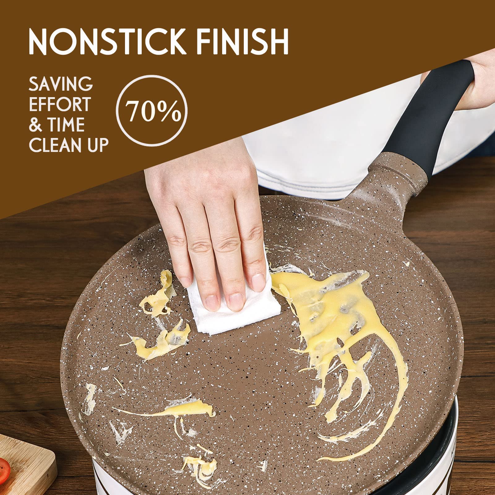 DIIG Non Stick Crepe Pan 11 Inch with Spreader Spatula, No Stick Pancake Pan for Cooking, Brown Griddle for Frying Egg, Steak, Crepe Cake, Omelette Pan with Induction Bottom