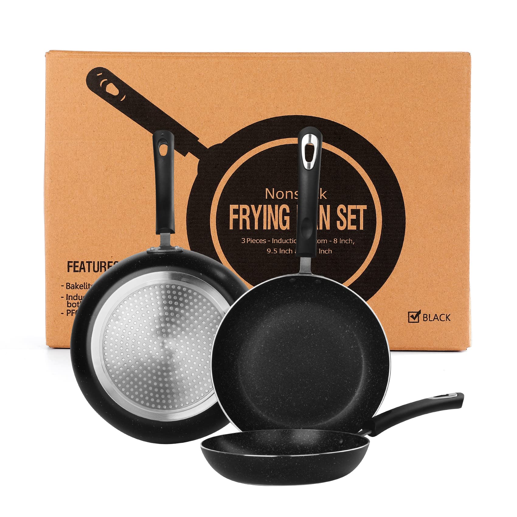 HooJay Nonstick Frying Pan Set-3-Pieces Skillet Set Induction Compatible,8 Inch,9.5 Inch and 11 Inch