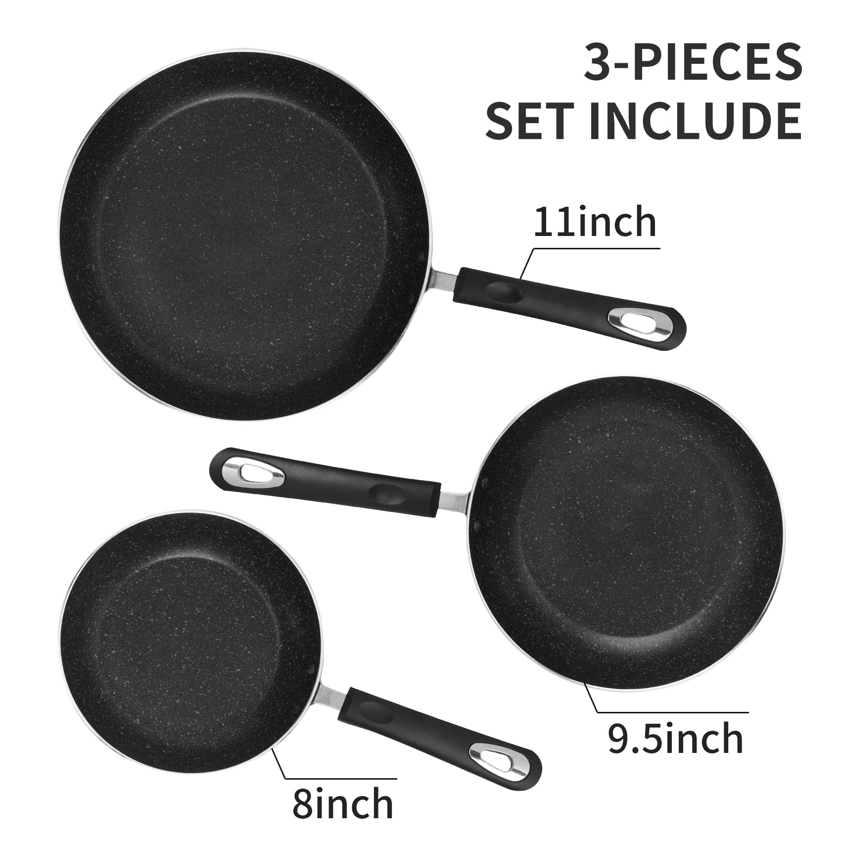 HooJay Nonstick Frying Pan Set-3-Pieces Skillet Set Induction Compatible,8 Inch,9.5 Inch and 11 Inch