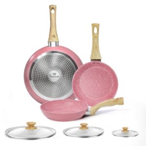 nonstick frying pan set with lid, 8" 9.5" and 11" non stick frying pan set, pink pan frying pan skillet set omelette pan healthy stone cookware, pfoa free, anti-warp base with all stove tops available